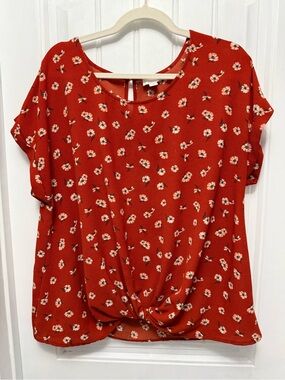 SO Goods For Life Sz XL Floral Blouse Front Knot Cuff Top Rust Orange (51-11)